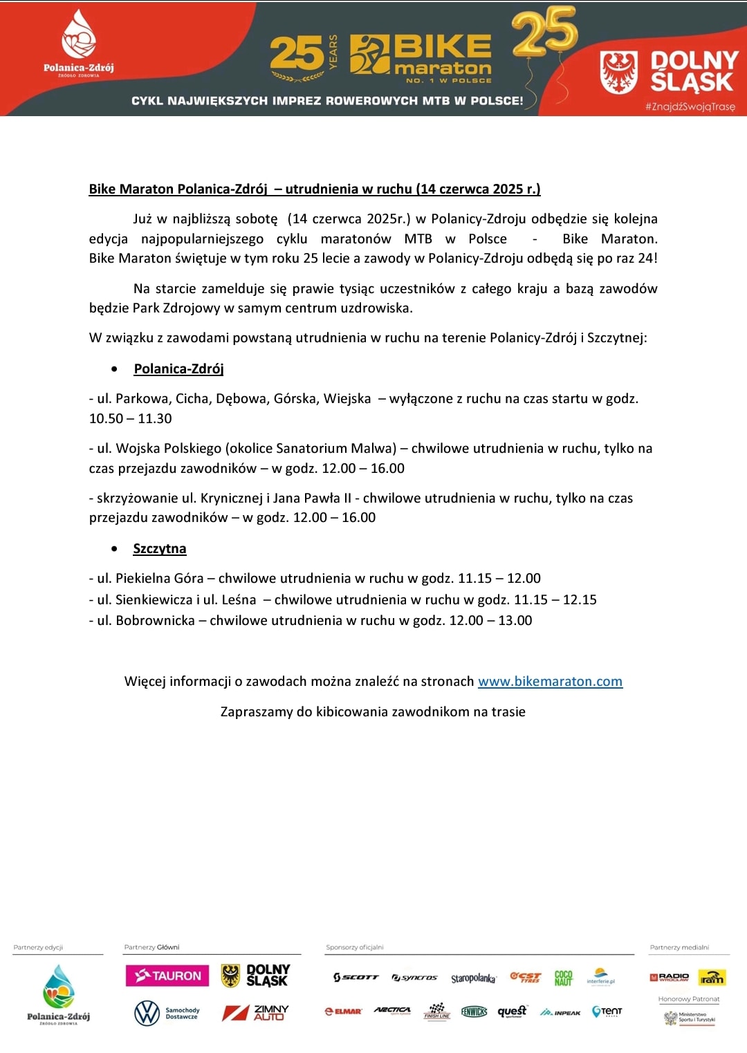 Już w sobotę, 14 czerwca Bike Maraton w Polanicy-Zdroju! Będą czasowe utrudnienia w ruchu