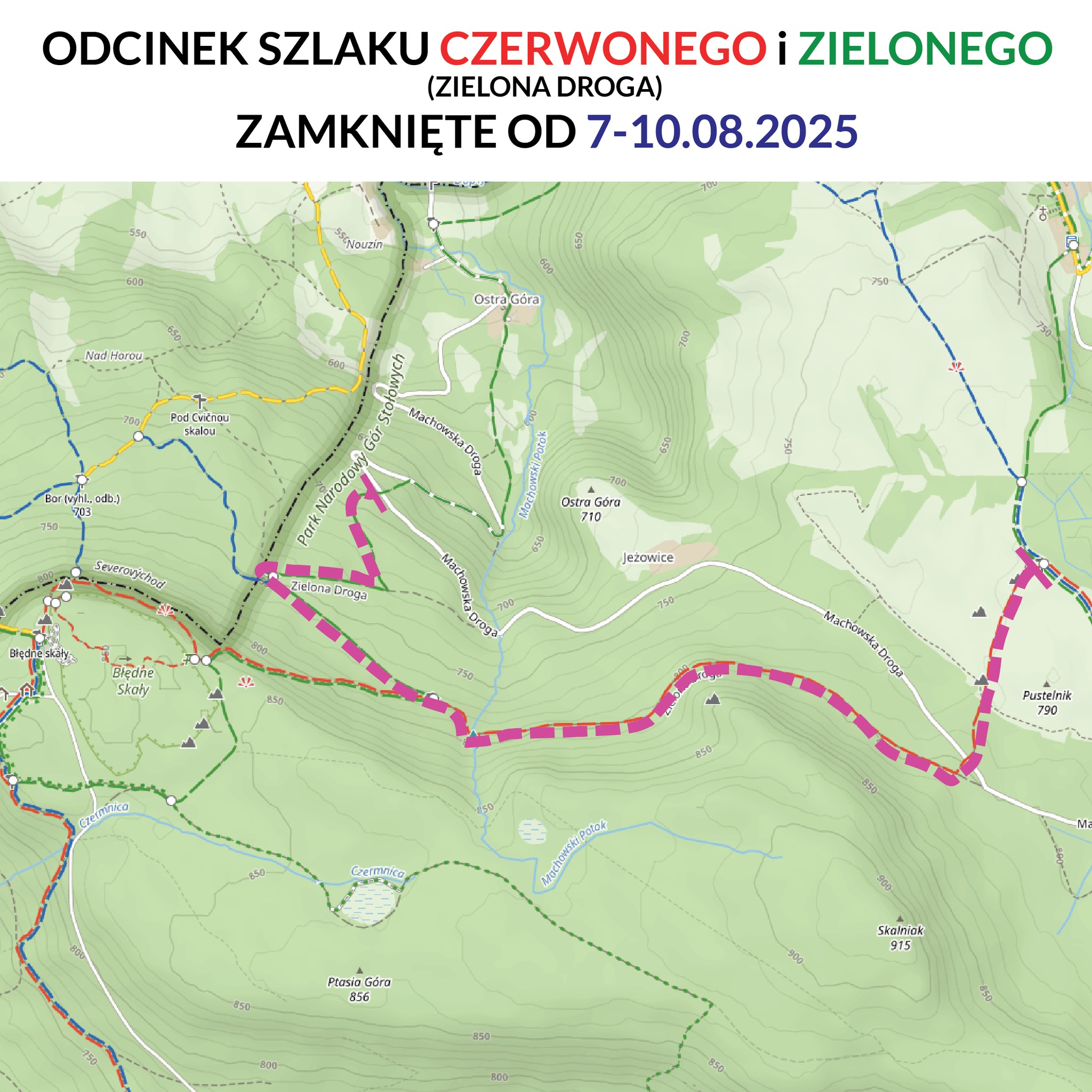 Od 7 do 10 sierpnia zamknięty będzie odcinek szlaku zielonego oraz czerwonego na całej długości Zielonej Drogi