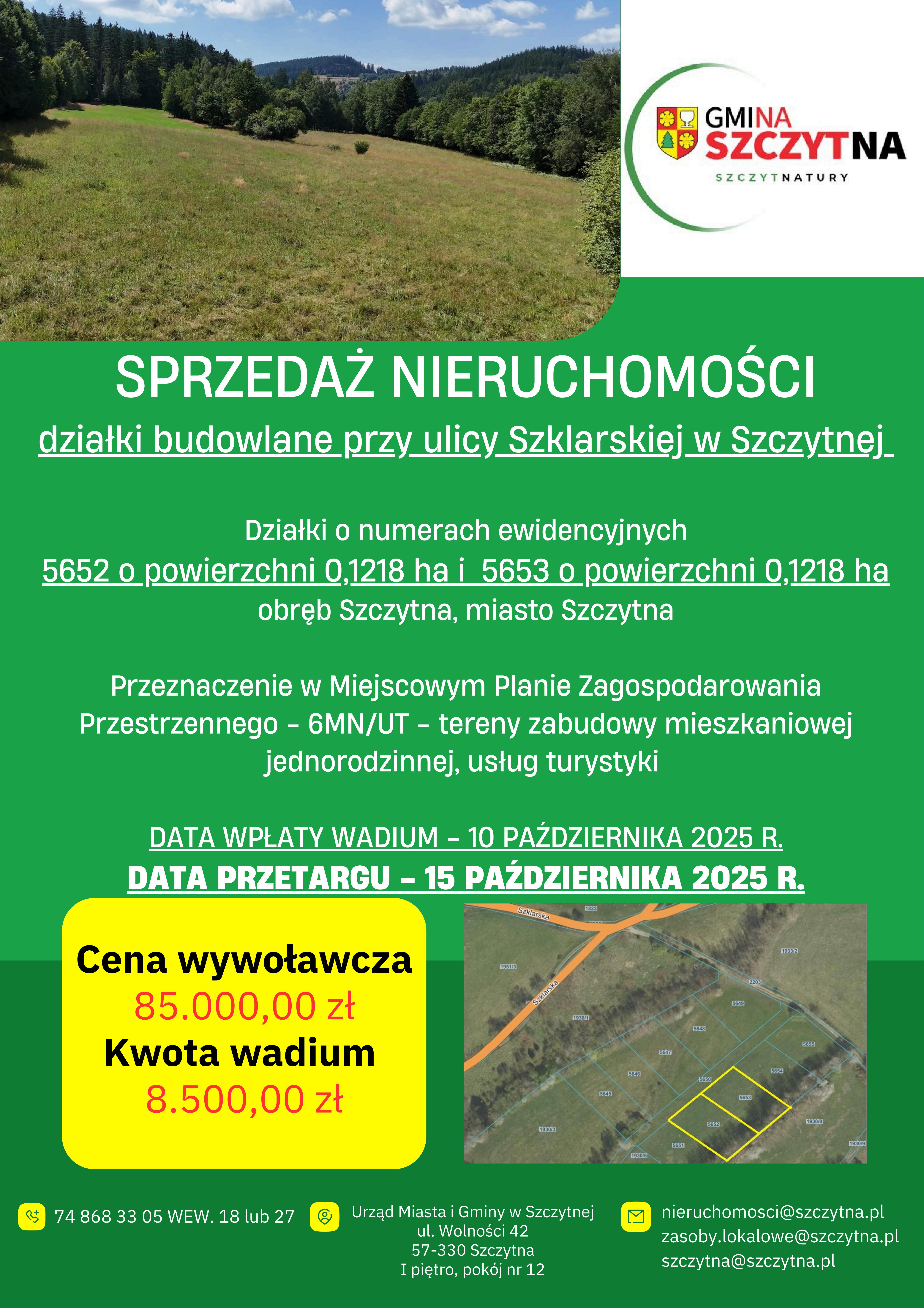 Gmina Szczytna ogłasza przetargi na sprzedaż czterech atrakcyjnych działek inwestycyjnych