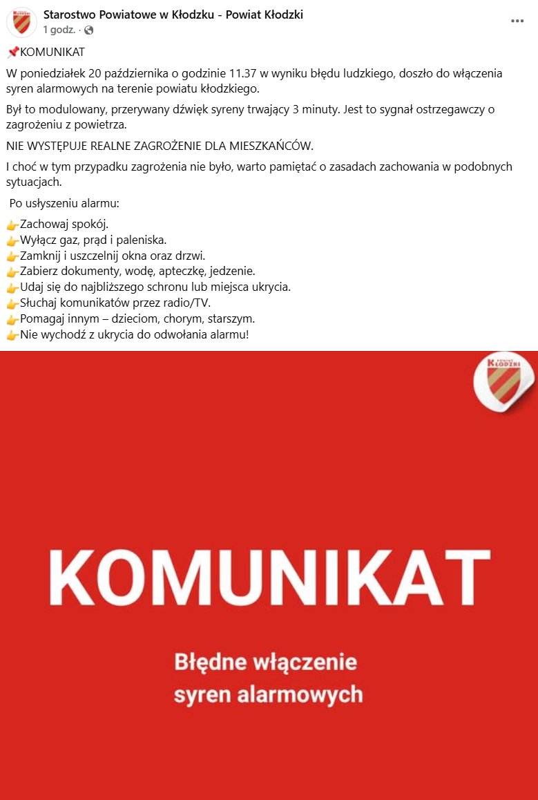 W powiecie kłodzkim zawyły syreny alarmujące o zagrożeniu z powietrza. Starostwo wyjaśnia