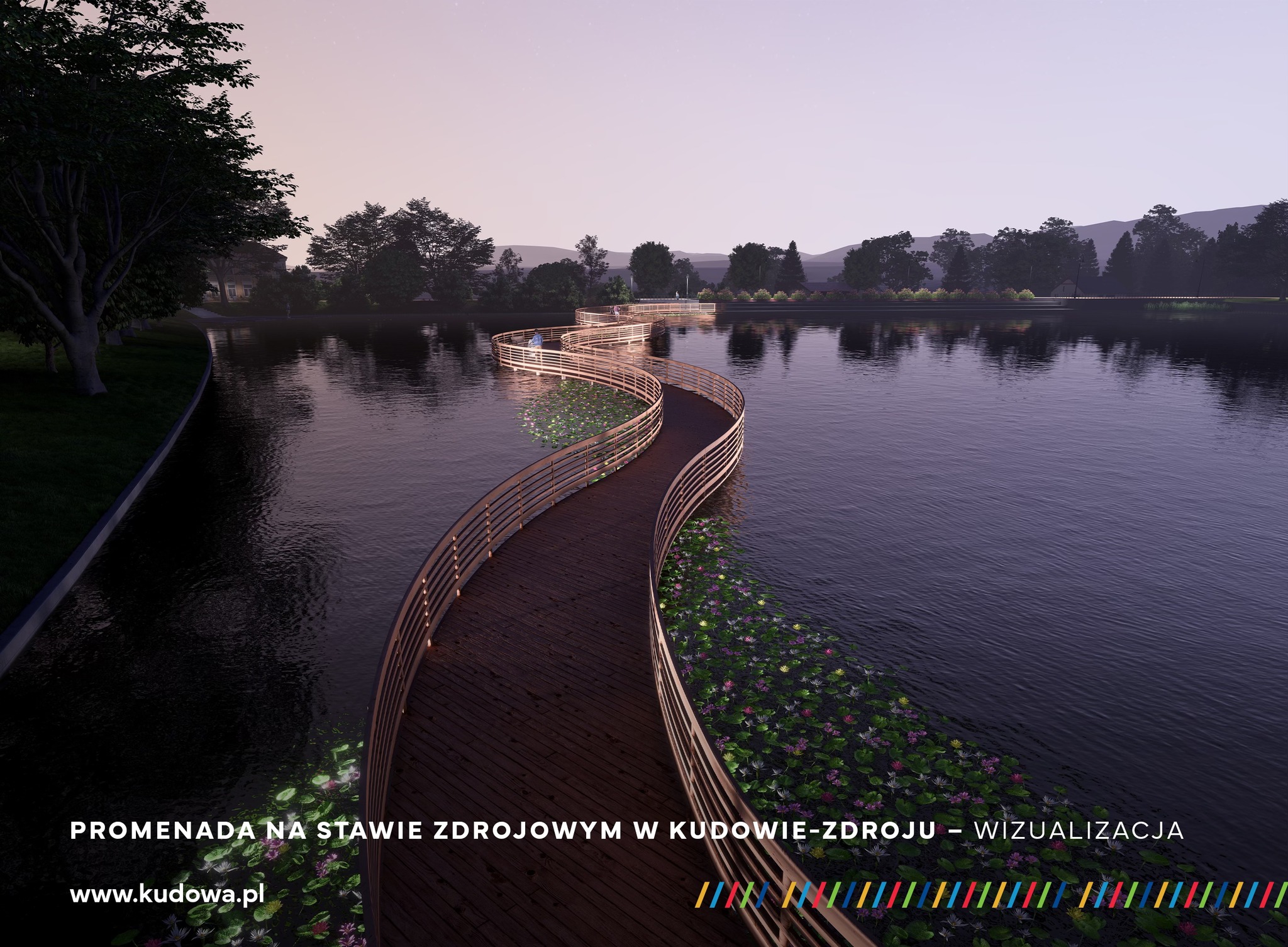 Promenada nad Stawem Zdrojowym w Kudowie-Zdroju. Trwa budowa kładki spacerowej