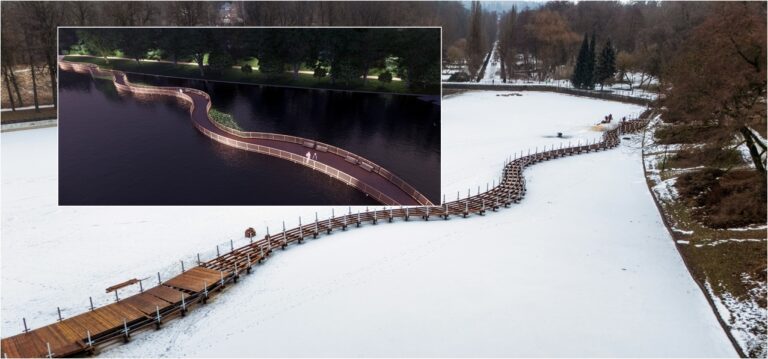 Promenada nad Stawem Zdrojowym w Kudowie-Zdroju. Trwa budowa kładki spacerowej