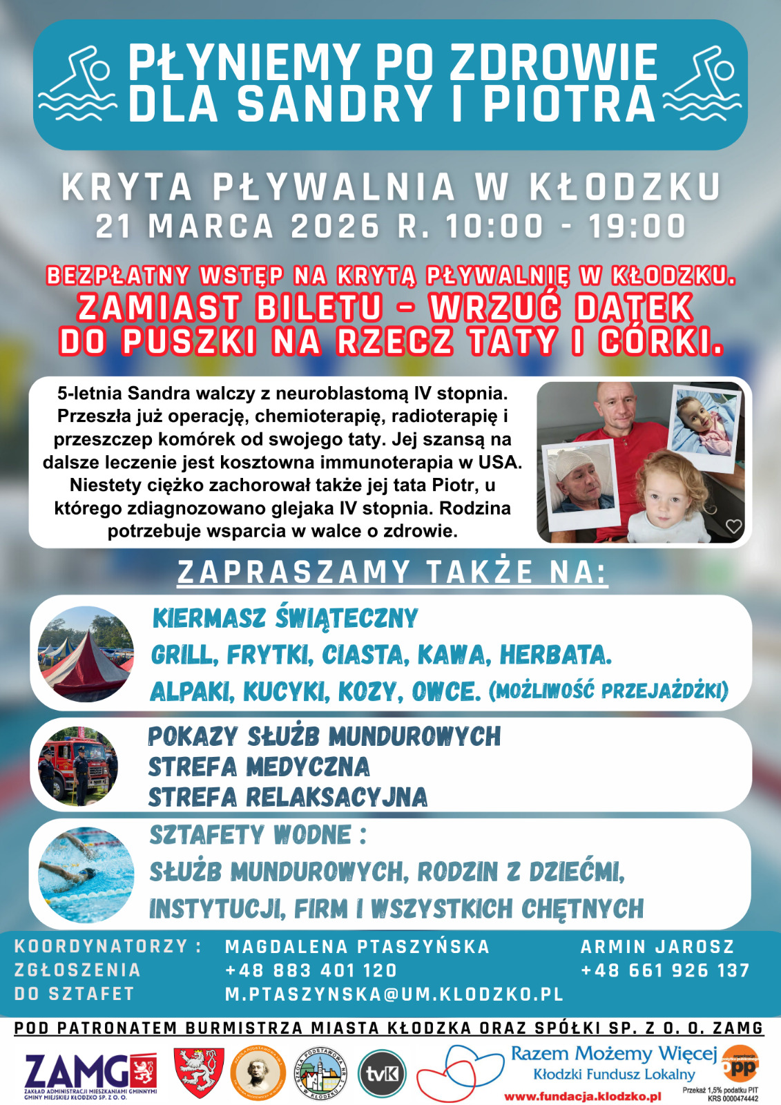 Akcja charytatywna „Płyniemy po zdrowie dla Sandry i Piotra” w Kłodzku. Organizatorzy zachęcają firmy do wsparcia wydarzenia