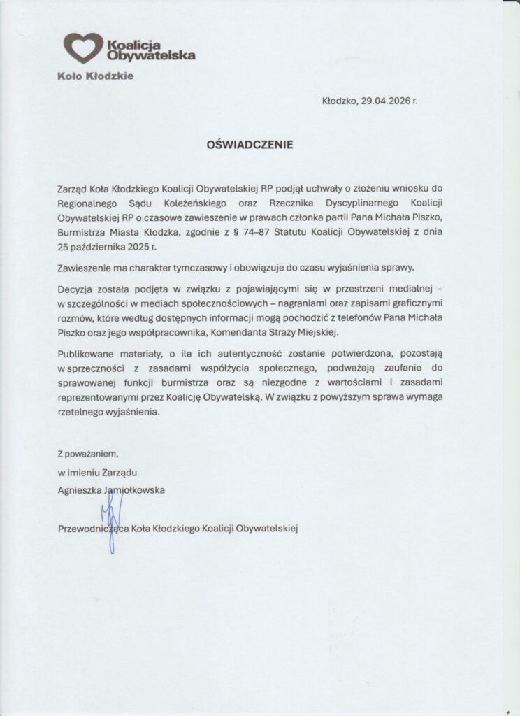 KO wnosi o czasowe zawieszenie burmistrza Kłodzka w prawach członka partii. Chodzi o nagrania i zapisy rozmów