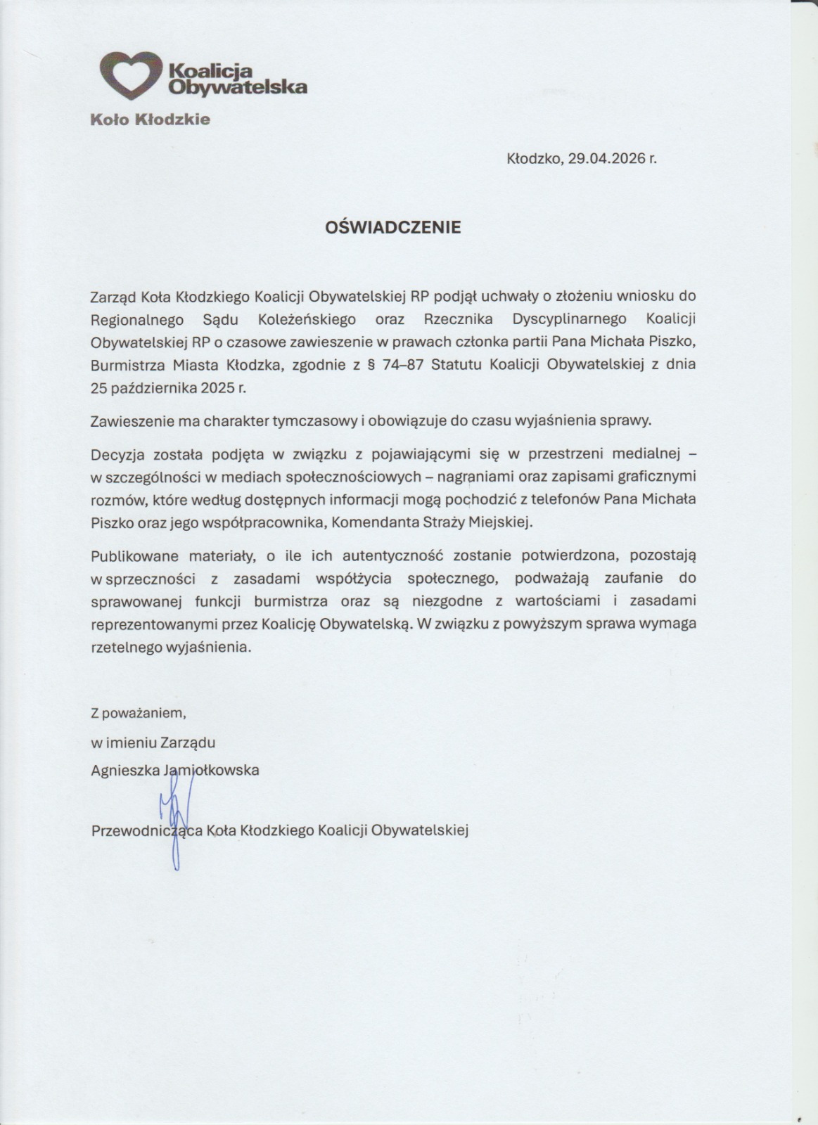 KO wnosi o czasowe zawieszenie burmistrza Kłodzka w prawach członka partii. Chodzi o nagrania i zapisy rozmów